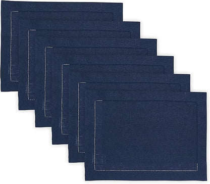 Solino Home Linen Cloth Placemats Set of 6-100% Pure Linen Hemstitch Navy Blue Placemats 14 x 19 Inch - Classic Hemstitch Table Place Mats for Christmas, Holiday, Winter, New Year