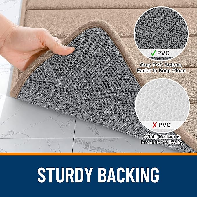OLANLY Memory Foam Long Bathroom Rugs Runner 47x20, Super Soft Absorbent Bath Mat, Quick Dry, Machine Washable Shower Floor Rugs, Bathmat Carpet, Bathroom Home Decor Accessories, Tan
