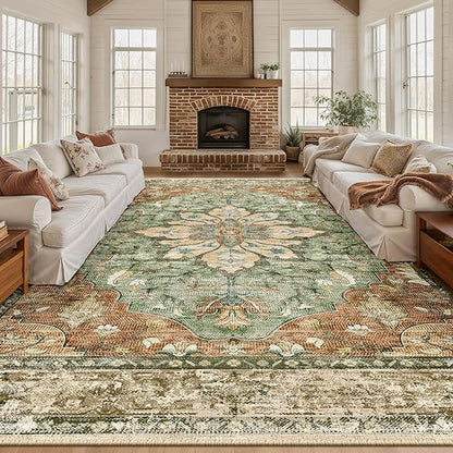 Area Rugs 9'x12' Washable Non-Slip, Floral Vintage Distress Print Pattern Medallion Carpet for Living Room Bedroom Dining Room, Brick Red Rust Neutral Brown Burnt Orange Green