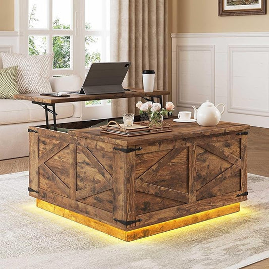 Farmhouse Lift Top Coffee Table, Square Wood Center Table with LED Lighting, USB-C Charging Station, and Hidden Storage Compartment - Rustic Brown Living Room Furniture