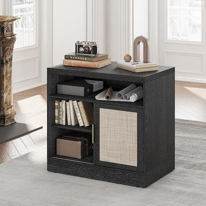 File Cabinet with Sliding Door, 32'' Rattan Office Cabinet with Open Adjustable Storage Shelves, Wood Filing Cabinet for Home Office, Black