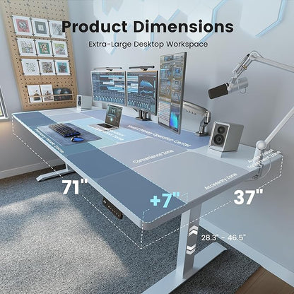 FEZIBO 71 x 37 Inch Standing Desk with Integrated Dual-Beam, Height Adjustable Computer Desk, Sit Stand Desk for Home Office Workstation, 1" Thick Large 3-Piece Desktop White