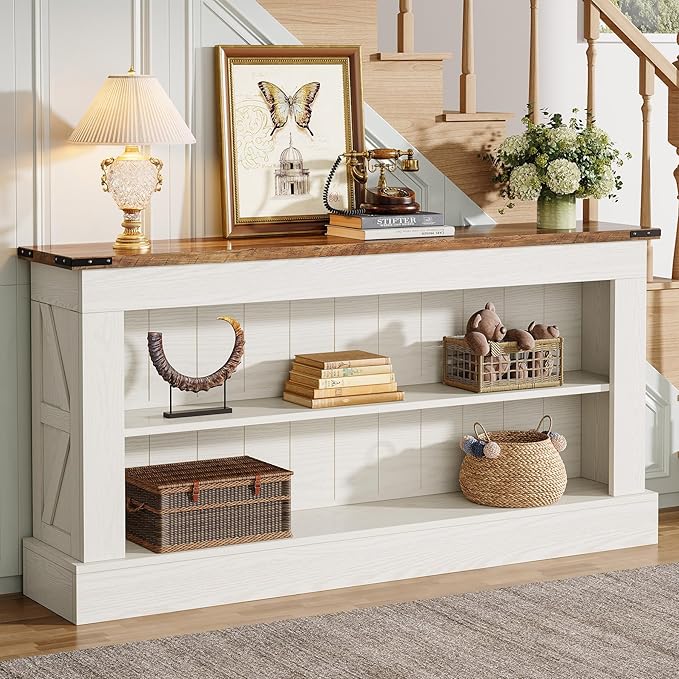 Tribesigns 63-Inch Long Console Table for Entryway, Narrow Long Entry Table with Shelves for Living Room, Farmhouse Sofa Console Behind Couch, for Foyer, Hallway, White and Brown