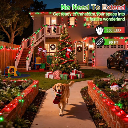 350LED 90FT Christmas Lights Indoor Outdoor, 12 Modes Red and Green Outdoor String Lights with Timer & Dimmable, Waterproof Green Wire Christmas String Lights for Tree Xmas Patio Fence Balcony Garden