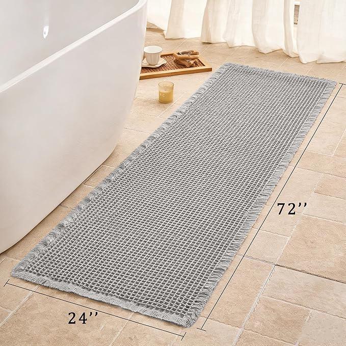 Waffle Runner Rug Non Slip, Boho Bath Mat, Super Absorbent Quick Dry Long Bath Runner Bathroom, Soft Farmhouse Bath Rug with Tassels, Washable Shower Mats for Floor 24"x72", Light Grey