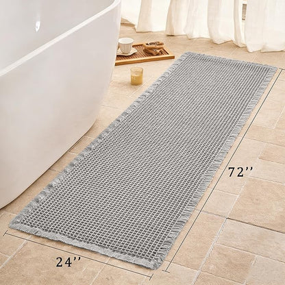 Waffle Runner Rug Non Slip, Boho Bath Mat, Super Absorbent Quick Dry Long Bath Runner Bathroom, Soft Farmhouse Bath Rug with Tassels, Washable Shower Mats for Floor 24"x72", Light Grey