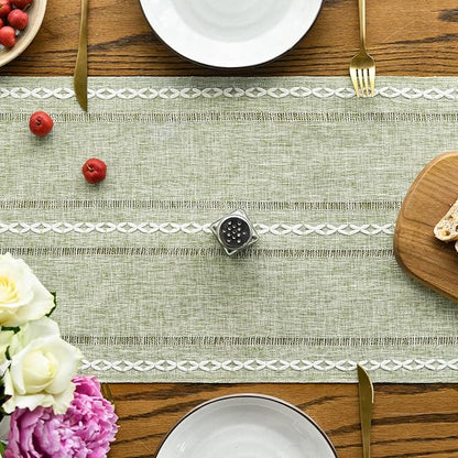 Artoid Mode Sage Green Rustic Cotton Linen Table Runner, Seasonal Embroidered Hollow Kitchen Dining Table Decoration for Home Party Decor 13x108 Inch
