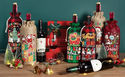 24PCS Burlap Wine Bag Christmas Wine Gift Bags, Drawstring Retro Christmas Bottle Cover Gift Bag w/ Tag, Buffalo Plaid Wines Bags for Bottles Gifts Reusable Bottle Covers for Xmas Holiday Party Decor