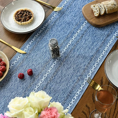 Artoid Mode Blue Rustic Cotton Linen Table Runner, Seasonal Embroidered Hollow Kitchen Dining Table Decoration for Home Party Decor 13x60 Inch