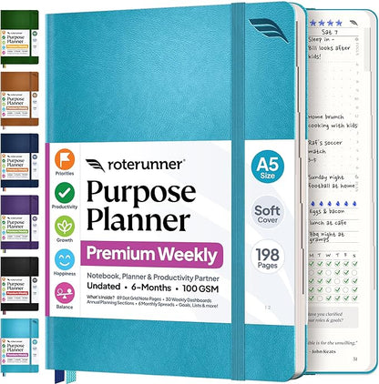 Roterunner Purpose Planner Notebook A5 5.8”x8.3” Undated 2026 Daily Weekly and Monthly Productivity Goal Setting Tool for Work Home ADHD Planner for Adults Self Care Journal (Teal Softcover)
