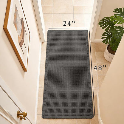 Waffle Bath Mat Non Slip, Boho Runner Rug, Super Absorbent Quick Dry Long Bath Runner Bathroom, Soft Farmhouse Bath Rug with Tassels, Washable Shower Mats for Floor 24"x48", Dark Grey