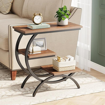 Tribesigns C-Shaped End Table Set of 2, Industrial 3-Tier Small Side Table for Couch, Wood Bedside Table Snack Side Table with Storage Shelves for Living Room Small Space, Rustic Brown