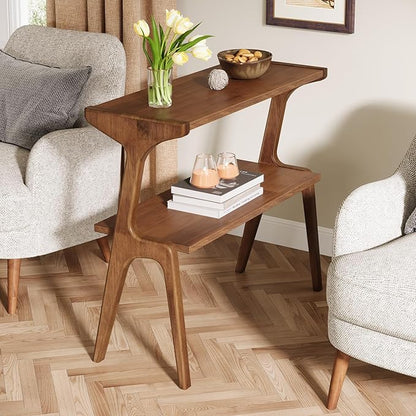 Tribesigns Solid Wood End Table, Rustic Side Table for Couch, 2-Tie Farmhouse Tall End Table, Narrow Bedside Table for Bedroom, Living Room, Easy Assembly, Rustic Brown