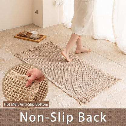 Waffle Runner Rug Non Slip, Boho Bath Mat, Super Absorbent Quick Dry Long Bath Runner Bathroom, Soft Farmhouse Bath Rug with Tassels, Washable Shower Mats for Floor 24"x72", Tassels Brown