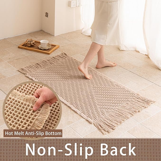 Waffle Bath Mat Non Slip, Boho Bathroom Rug, Super Absorbent Quick Dry Bathroom Mat, Soft Farmhouse Bath Rug with Tassels, Small Washable Shower Mats for Floor 24"x36", Tassels Brown