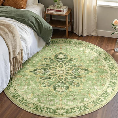 Area Rugs 5ft Washable Non-Slip, Floral Vintage Distress Print Pattern Medallion Carpet for Living Room Bedroom Dining Room, Sage Green Yellow