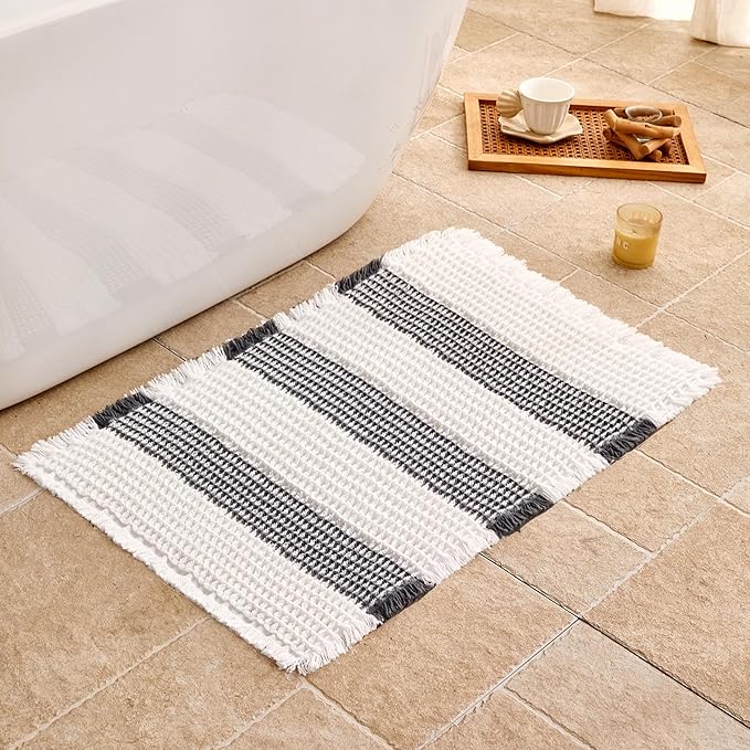 Waffle Bath Mat Non Slip, Boho Bathroom Rug, Super Absorbent Quick Dry Bathroom Mat, Soft Farmhouse Bath Rug with Tassels, Small Washable Shower Mats for Floor 16"x24", White and Black