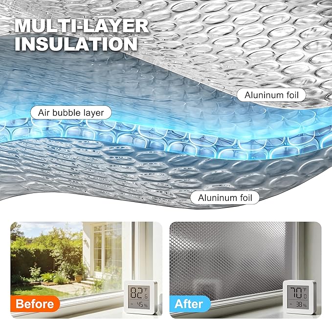 Bubble Reflective Window Insulation, 36" W x 10 Ft L, Silver Aluminum, Energy Saving, Temperature Protection, Soundproofing, Privacy