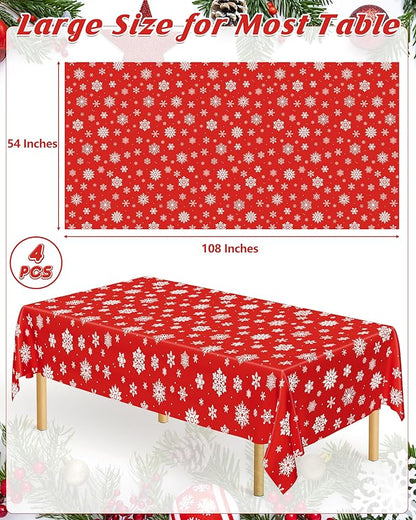 4 PACK Christmas Tablecloths, 54" x 108" Holiday Party Decor, Snowflakes Tablecloth Xmas Plastic Tablecloth Disposable Table Cloth Rectangle Tablecover, Christmas Decorations Holiday Party Supplies