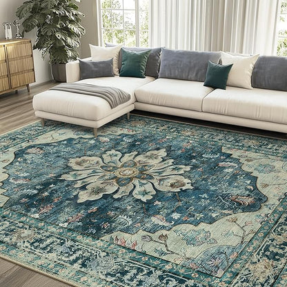 Area Rugs 6'x9' Washable Non-Slip, Floral Vintage Distress Print Pattern Medallion Carpet for Living Room Bedroom Dining Room, Dark Blue Vintage
