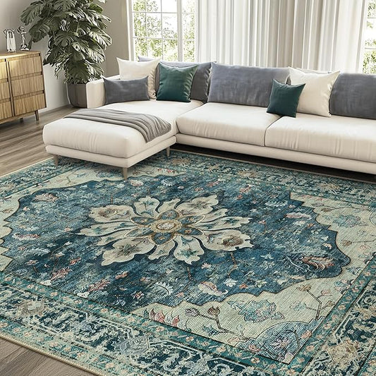 Area Rugs 6'x9' Washable Non-Slip, Floral Vintage Distress Print Pattern Medallion Carpet for Living Room Bedroom Dining Room, Dark Blue Vintage