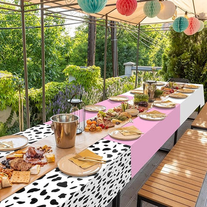 12Pcs Cow Print and Pink White Tablecloth Set, Pink and White Cow Print Table Covers Disposable Plastic Rectangle Tablecloth for Cowgirl Birthday Baby Shower Barnyard Party Decorations, 108*54inch