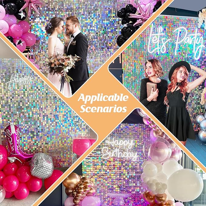 Iridescent Silver Shimmer Wall Backdrop,Shiny Sequins,48 PCS Sequins Backdrop Decoration Panels,Photo Background Decorations for Birthday Party Wedding Engagement Anniversary Graduation Baby Shower