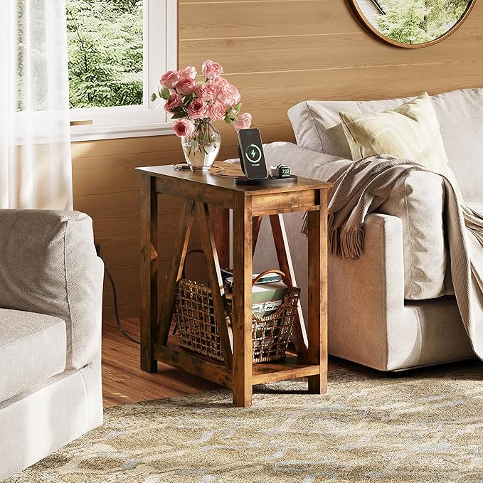 WLIVE End Tables Living Room Set of 2 with Charging Station, Sofa Side Tables with Open Storage Shelf, Slim Farmhouse End Table Sets, Rustic Brown