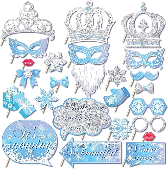 Snowflake Photo Booth Props with Sticks, Blue Snow Photo Booth Props, Christmas Selfie Props, Winter Themed Party Decorations (25CT)