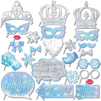 Snowflake Photo Booth Props with Sticks, Blue Snow Photo Booth Props, Christmas Selfie Props, Winter Themed Party Decorations (25CT)