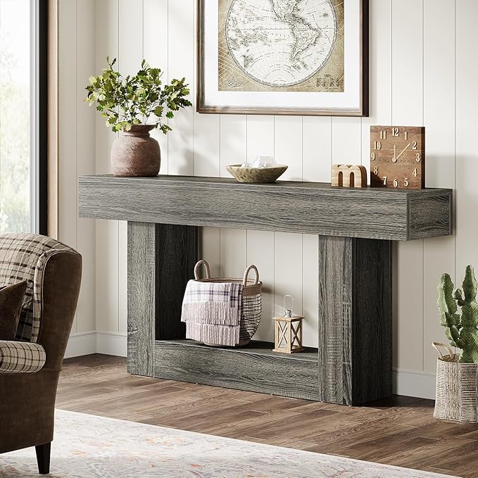 Tribesigns 63" Console Table, Farmhouse 2-Tier Entryway Table with U-Shaped Base, Narrow Long Wood Sofa Table Behind Couch Table for Living Room, Hallway, Foyer, Gray