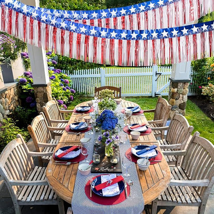 Mega-L 4th of July Decorations 4Packs 78 Feet Foil Fringe Garland Tinsel Streamers, Red White and Blue Star Metallic Hanging Backdrop Banner Table Skirts for Parade Floats Memorial Day Patriotic Party