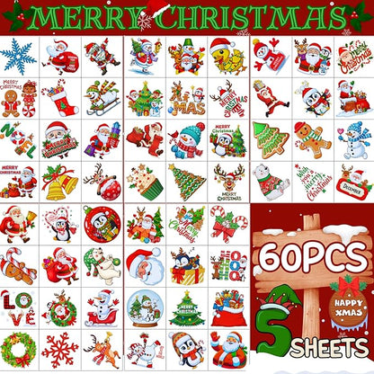 Christmas Temporary Tattoos Stickers - 60Pcs Christmas Decorations Xmas Party Decorations Party Favors Goodie Bags Supplies Accessories Decor Winter Reindeer Penguin Gift Idea For Kids Youth Adult