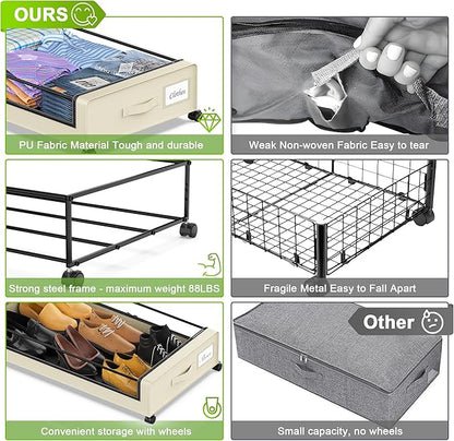 Under Bed Storage with Wheels, Under the Bed Storage Containers with Clear Lids & Label, Underbed Storage Bins, XXL 60L Rolling Metal Drawer for Clothes, Shoes, Toys, Books (4-Pack Beige)