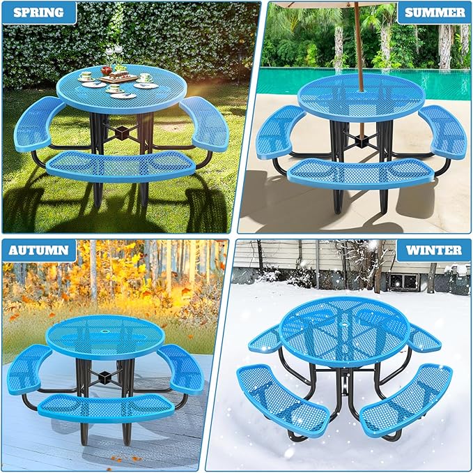 47'' Heavy-Duty Metal Picnic Tables with Umbrella Hole, Outdoor Steel Heavy Duty Commercial Grade Black Table, Outdoor Bench Set for Lawn, Patio, Park, Yard, Garden, Porch (Set C, Round)