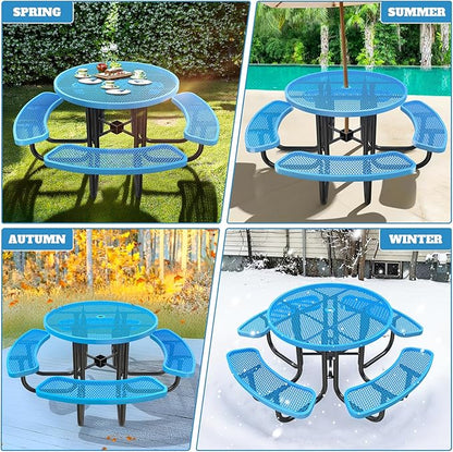 47'' Heavy-Duty Metal Picnic Tables with Umbrella Hole, Outdoor Steel Heavy Duty Commercial Grade Black Table, Outdoor Bench Set for Lawn, Patio, Park, Yard, Garden, Porch (Set C, Round)