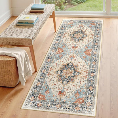 Area Rugs 3'x8' Runner Rug Non Slip Washable for Kitchen Hallway Bedroom Beside Laundry Room Bathroom Rug, Floor Carpet, Beige Navy Blue Orange Colorful
