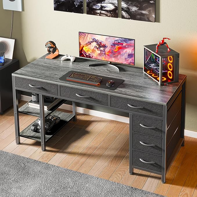 Huuger Computer Desk with 6 Drawers, Office Desk with Shelves, Reversible Gaming Desk, Corner Desk with Storage, Work for Home Office, Study, Living Room, 47inch, Gray