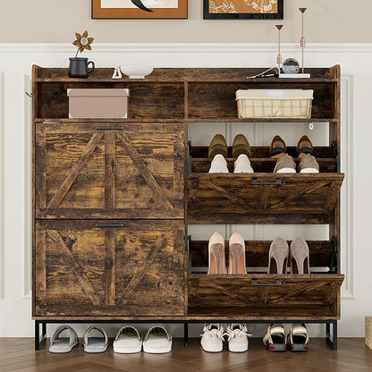 Shoe Cabinet with 4 Flip Drawers Narrow Shoe Storage Cabinet Organizer Wooden Freestanding Shoe Rack Hidden Slim Shoes Storage Cabinet for Entryway, Hallway, Living Room, Bedroom