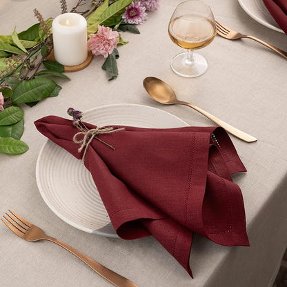 D'Moksha Homes Dark Red Linen Napkins Set of 4 - Classic Hemstitch 100% Pure Linen Hemstitch Dinner Napkins 20 x 20 Inch for Winter, Christmas, Holiday - Handcrafted and Machine Washable