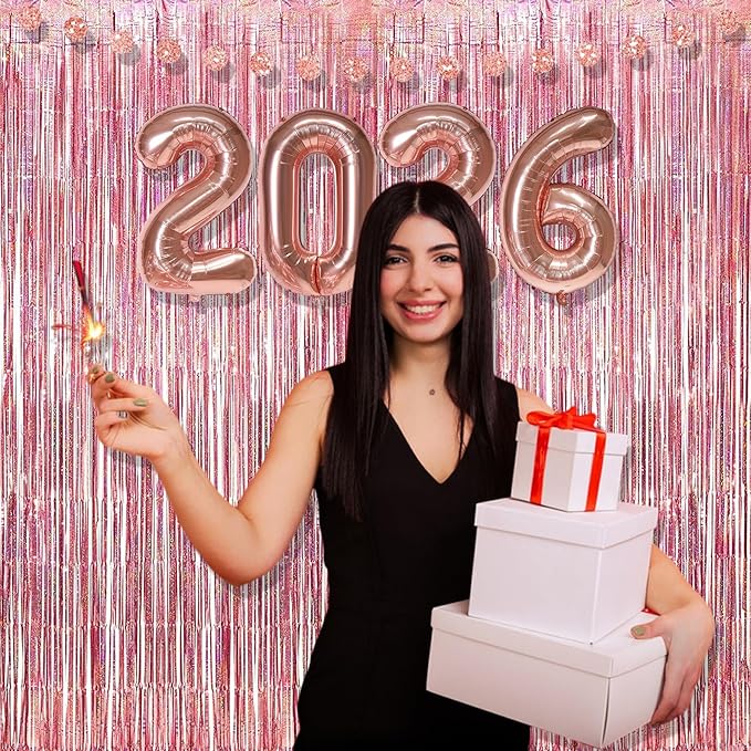 BRAVESHINE Rose-Gold Metallic Tinsel Backdrop - 2Pcs 3.2x8.2ft Metallic Tinsel Foil Fringe Curtains Photo Booth Streamers for 21-st Birthdays Bachelorette Engagement Bridal Shower Party Decorations