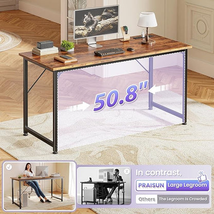 PRAISUN 55 X 20 Inch Office Computer Desk with Power Outlets and USB-C Port, Larger and Longer Gaming Desk, for Home Office, Study, Bedroom, Writing Work from Home Table, Metal Frame, Rustic Brown