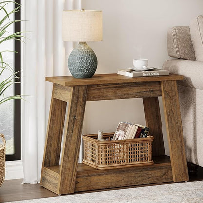 Tribesigns Wood End Table, Small Side Table with 2 Storage Shelves, Rustic Accent Narrow Nightstand for Living Room, Bedroom (2, Rustic Brown)