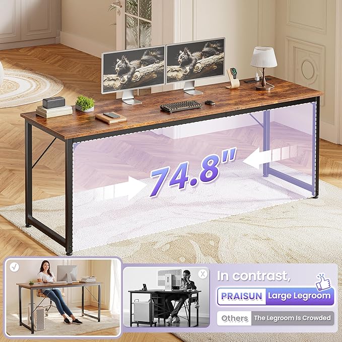 PRAISUN 80 X 24 Inch Office Computer Desk with Power Outlets and USB-C Port, Larger and Longer Gaming Desk, for Home Office, Study, Writing Work from Home Table, Metal Frame, Rustic Brown