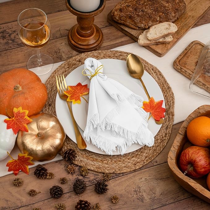 Blue Needles Handmade Cotton Linen Cloth Napkins with Fringes - Set of 6 Ivory Dinner Table Napkins 18x18 Inch Hemmed Edges Washable, Soft, Reusable, Perfect for Fall Thanksgiving & Family Dinner