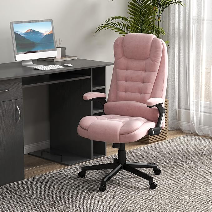 HOMCOM Executive Office Chair with 6 Points Vibration Massage and Heated Lumbar Support, Velvet High Back Computer Chair with Reclining Backrest, Tilt Function and Padded Armrests, Pink