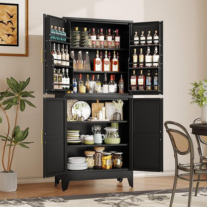 74.8" Tall Metal Food Cabinet, Black Kitchen Pantry Cabinet, Storage Cabinets with 4 Door and 4 Adjustable Shelves, Steel Freestanding Cupboard for Kitchen Dining Room Living Room Bathroom