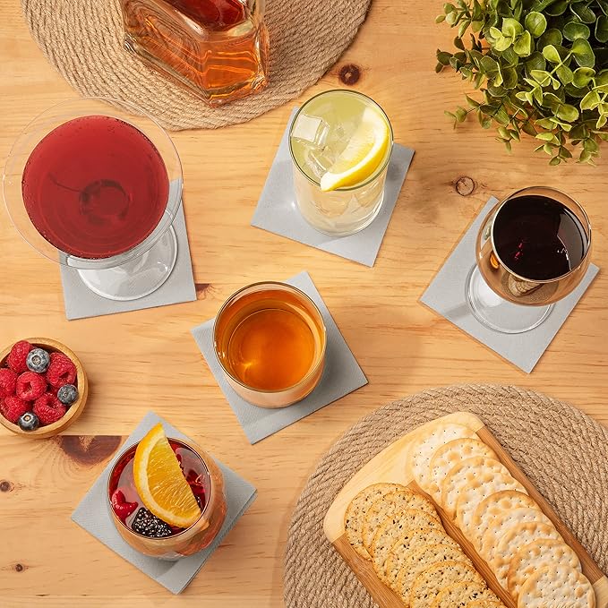 AH AMERICAN HOMESTEAD Paper Cocktail Napkins - Linen-Like Disposable Beverage Bar Napkins 4.75" x 4.75" - Bulk Square Napkins - Ideal for Party or Wedding (Silver -100 Count)