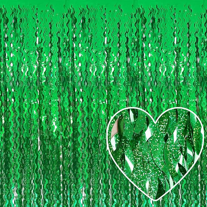 4 Pack Green Fringe Curtain Backdrop 3.2Ft x 8.2Ft Metallic Tinsel Foil Fringe Streamers Background for Photo Booth, Easter, Mother's Day, Bachelorette, Wedding, Birthday Party Decoration