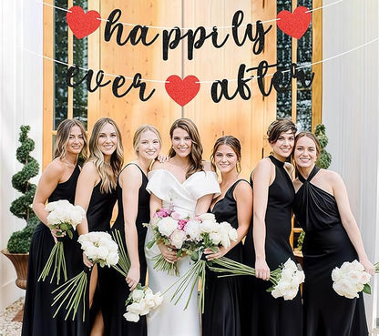 Pre-Strung Happily Ever After Banner - Black Glitter Bachelorette Bridal Engagement Party Decoration Supplies, Bachelorette Wedding Party Banner for Engagement, Bridal Shower, Wedding Party Photo Booth Props
